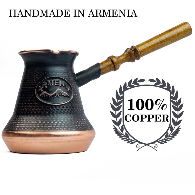 HandCraftoria صانعة قهوة أرمنية يدوية (7.6 أونصة سائلة) نحاسية جازفا أراوات تركية عربية يونانية كيزفي جازفي إبريق تركي جازفي مقبض خشبي (7.6 أونصة سائلة (225 مل)) - Image 2